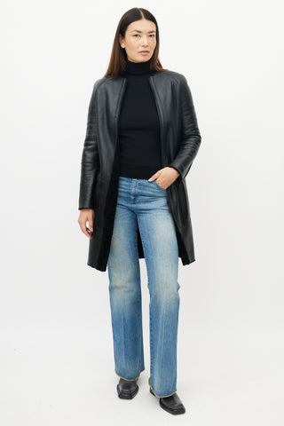 Celine Black Leather Shearling Reversible Coat