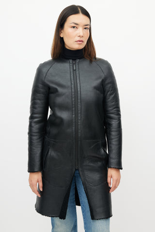 Celine Black Leather Shearling Reversible Coat