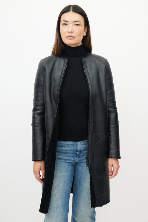 Celine Black Leather Shearling Reversible Coat