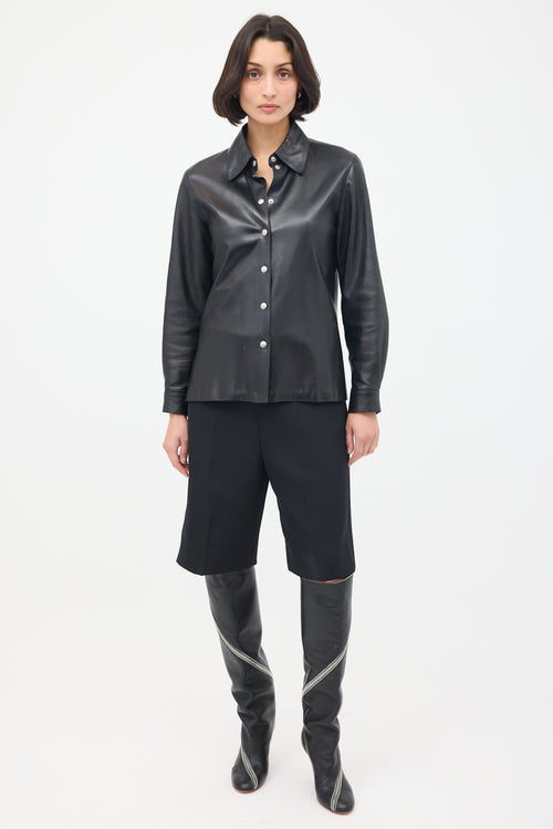 Celine Black Leather Snap Button Up Shirt