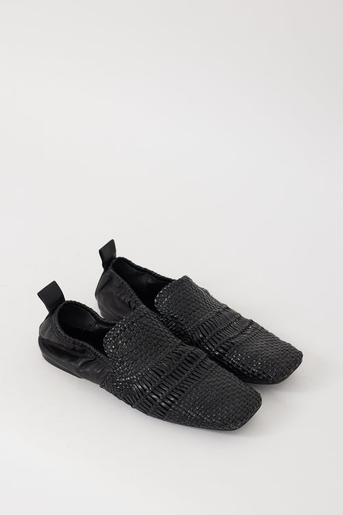 Celine Black Leather Woven Square Toe Loafer