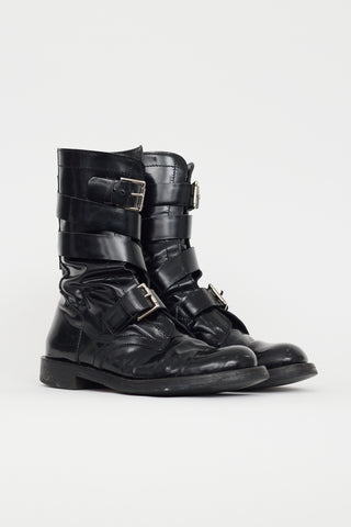 Celine Black Patent Buckled Strap Boot