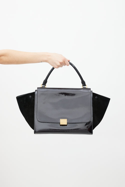 Celine Black Patent 
Suede Large Trapeze Shoulder Bag