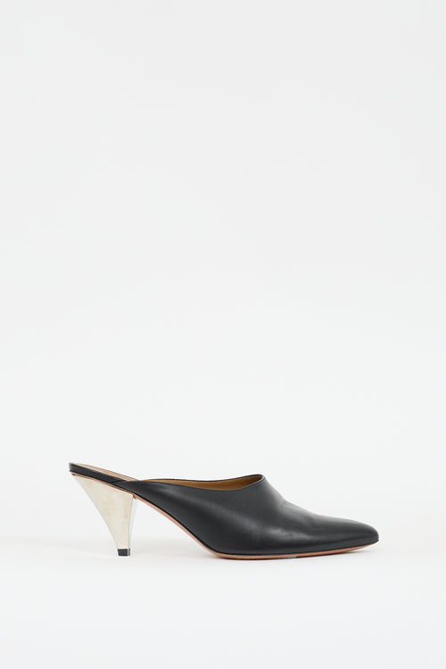 Celine Black 
Silver Leather Pointed Toe Mule