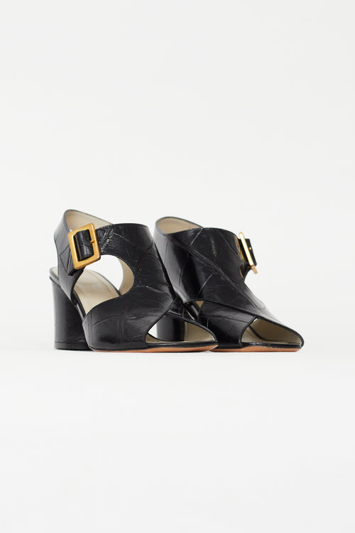 Celine Black Embossed Buckle Heeled Sandal