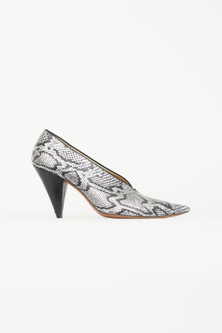 Celine Silver Printed Leather V-Neck Pump