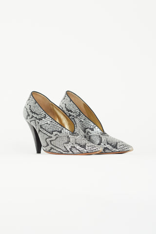 Celine Silver Printed Leather V-Neck Pump