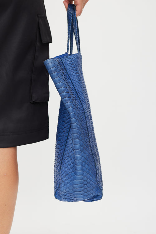 Celine Blue Leather Vertical Cabas Embossed Tote