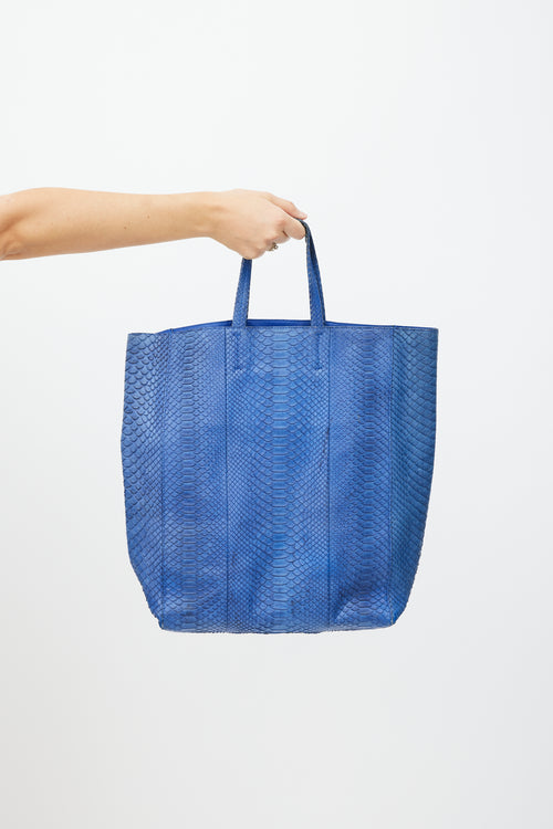 Celine Blue Leather Vertical Cabas Embossed Tote