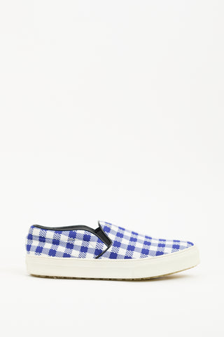 Celine Navy 
White Plaid Slip On Sneaker