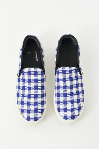 Celine Navy 
White Plaid Slip On Sneaker