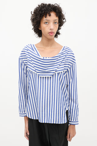 Celine Blue 
White Cotton Striped Cowl Neck Blouse