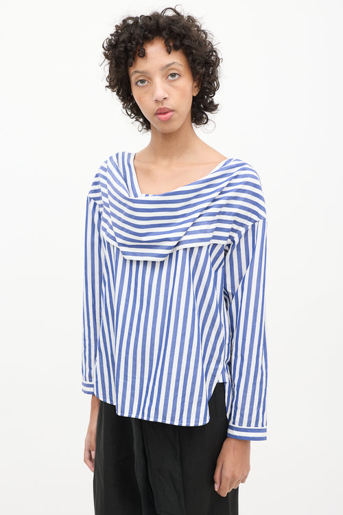 Celine Blue 
White Cotton Striped Cowl Neck Blouse