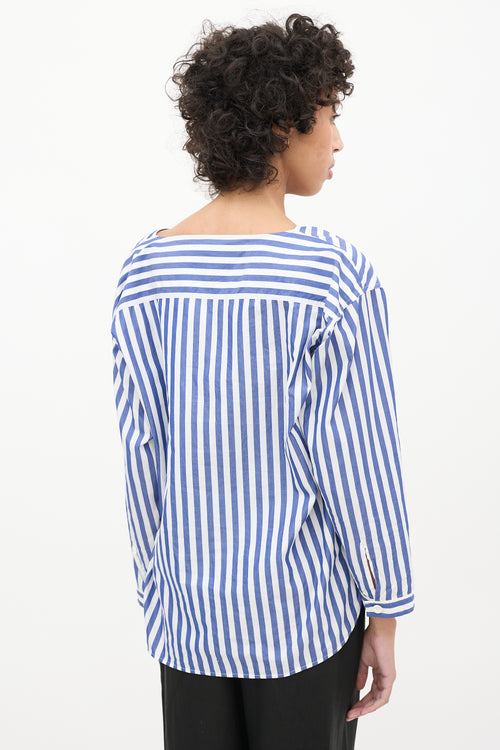 Celine Blue 
White Cotton Striped Cowl Neck Blouse