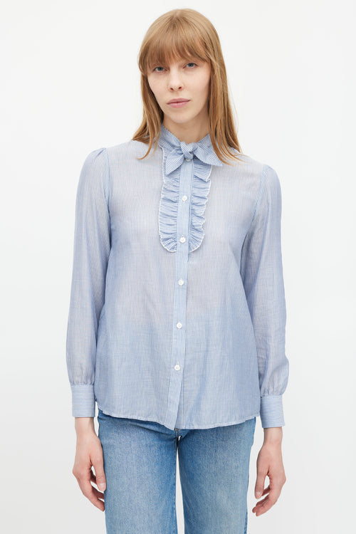 Celine Blue 
White Striped Ruffled Shirt