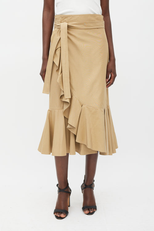 Celine Brown Cotton 
Silk Ruffled Wrap Skirt