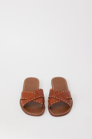 Celine Brown 
Gold Studded Leather Lerins Sandal