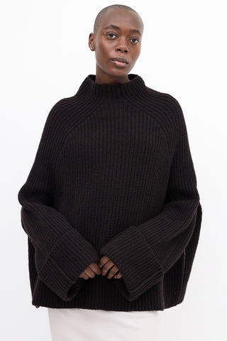 Celine Brown Wool Knit Mock Neck Sweater