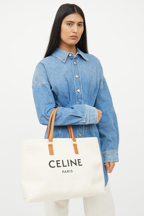 Celine Cream 
Brown Cabas Canvas Horizontal Tote Bag