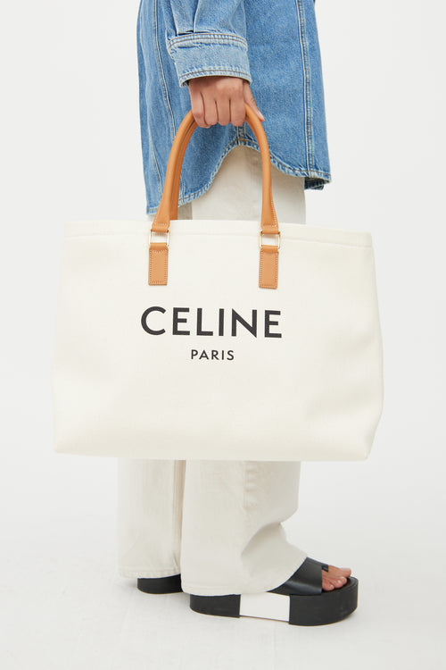 Celine Cream 
Brown Cabas Canvas Horizontal Tote Bag