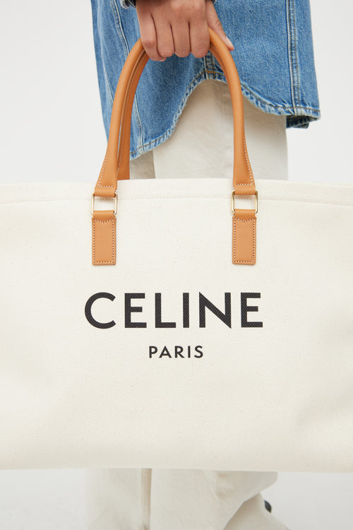 Celine Cream 
Brown Cabas Canvas Horizontal Tote Bag