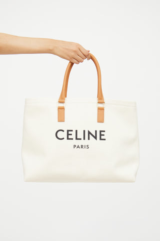 Celine Cream 
Brown Cabas Canvas Horizontal Tote Bag