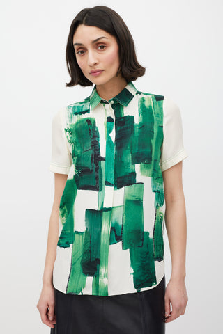 Celine Cream 
Green Silk Brushstroke Shirt