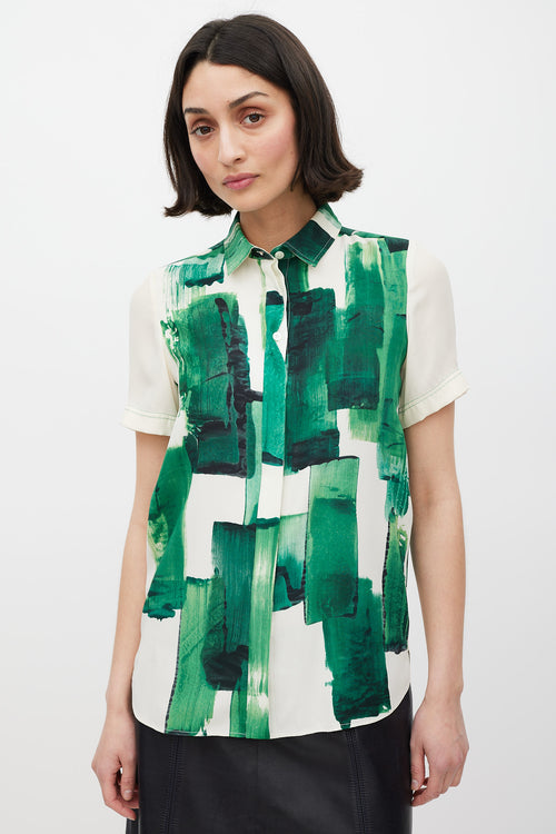 Celine Cream 
Green Silk Brushstroke Shirt