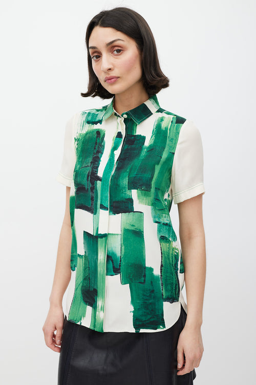 Celine Cream 
Green Silk Brushstroke Shirt