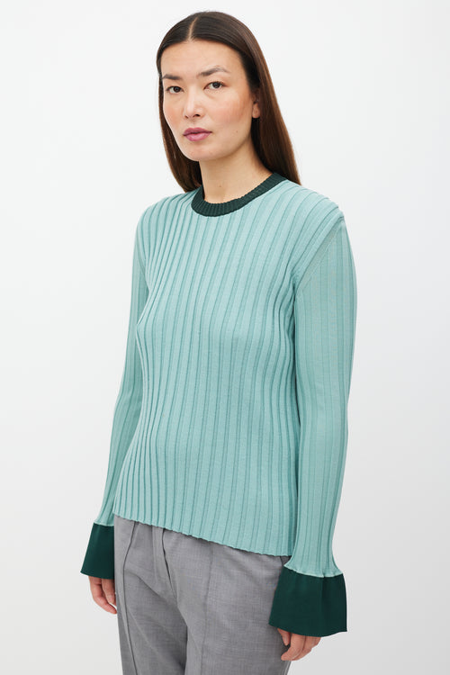 Celine Green Two Tone Ribbed Knit Sweater