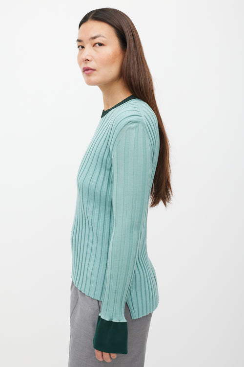 Celine Green Two Tone Ribbed Knit Sweater