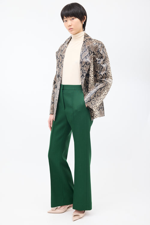 Celine Green Wool Pintuck Wide Leg Trouser