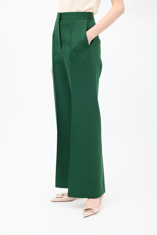 Celine Green Wool Pintuck Wide Leg Trouser