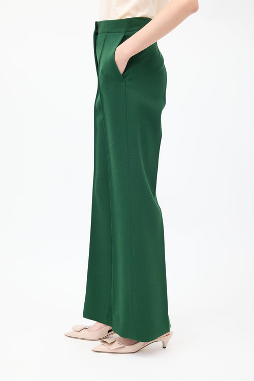 Celine Green Wool Pintuck Wide Leg Trouser