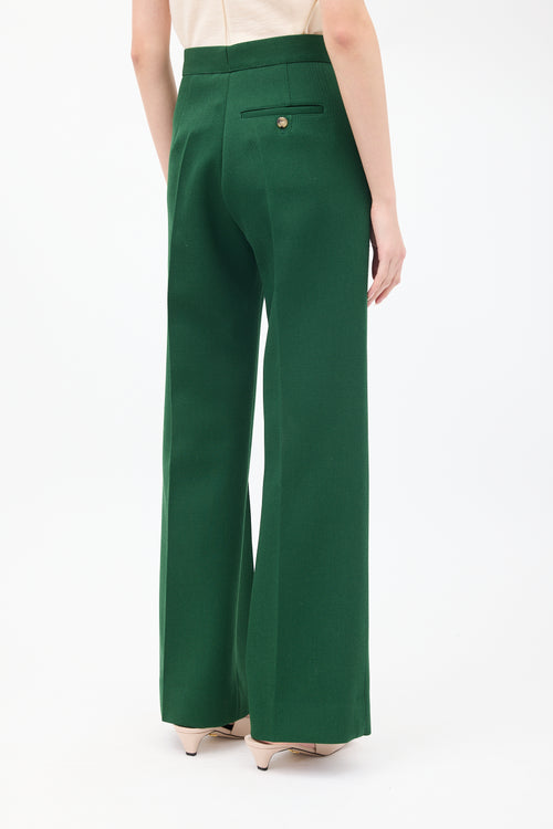 Celine Green Wool Pintuck Wide Leg Trouser