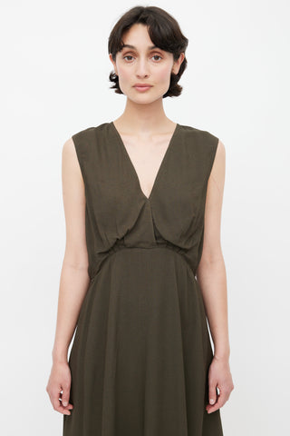 Celine Khaki Green V-Neck Midi Dress