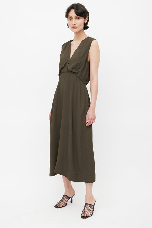 Celine Khaki Green V-Neck Midi Dress