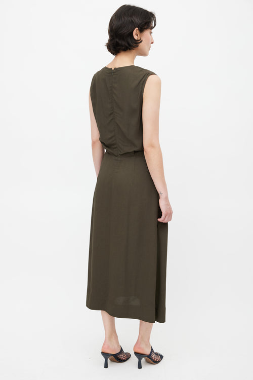 Celine Khaki Green V-Neck Midi Dress