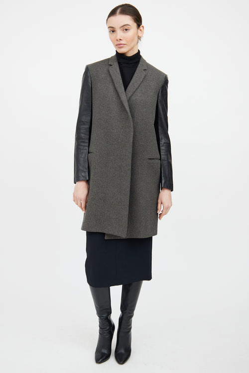 Celine Grey 
Black Wool Leather Trim Coat