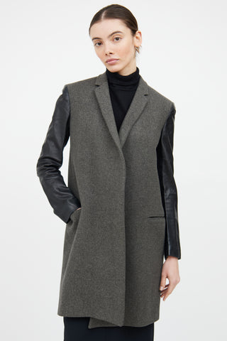 Celine Grey 
Black Wool Leather Trim Coat