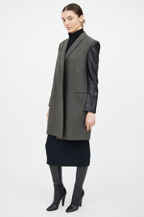 Celine Grey 
Black Wool Leather Trim Coat