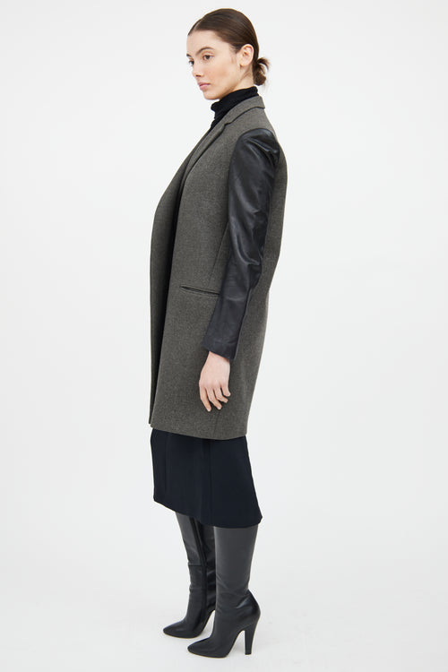 Celine Grey 
Black Wool Leather Trim Coat