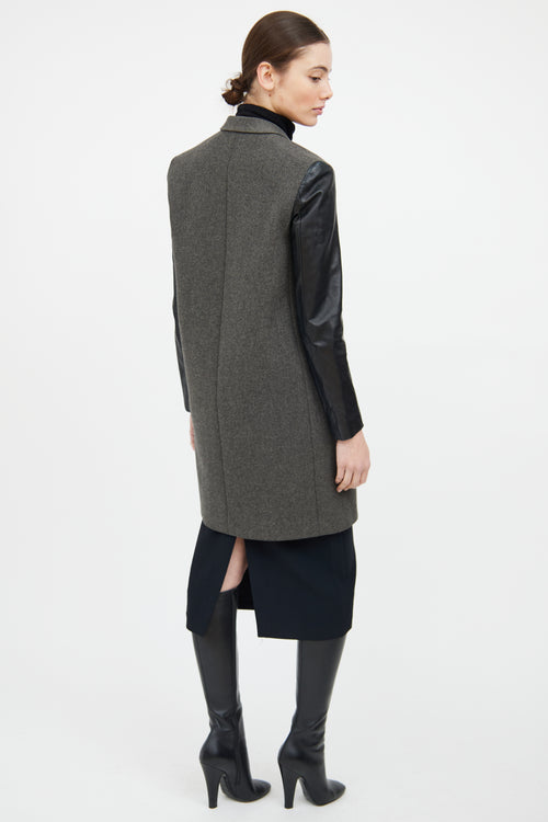 Celine Grey 
Black Wool Leather Trim Coat