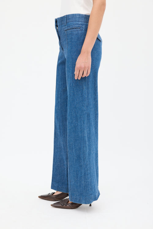 Celine Medium Wash Pintuck Wide Leg Jeans