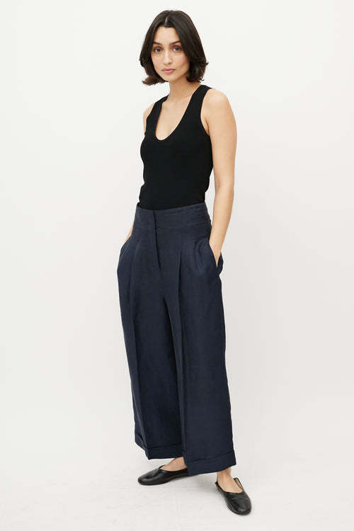 Celine Navy Linen Wide Leg High Waisted Trousers