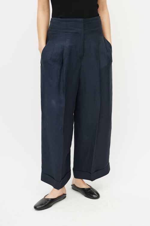 Celine Navy Linen Wide Leg High Waisted Trousers