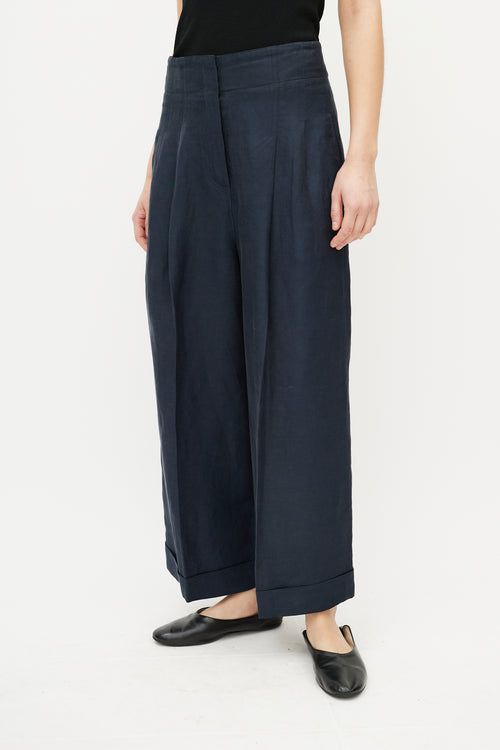 Celine Navy Linen Wide Leg High Waisted Trousers