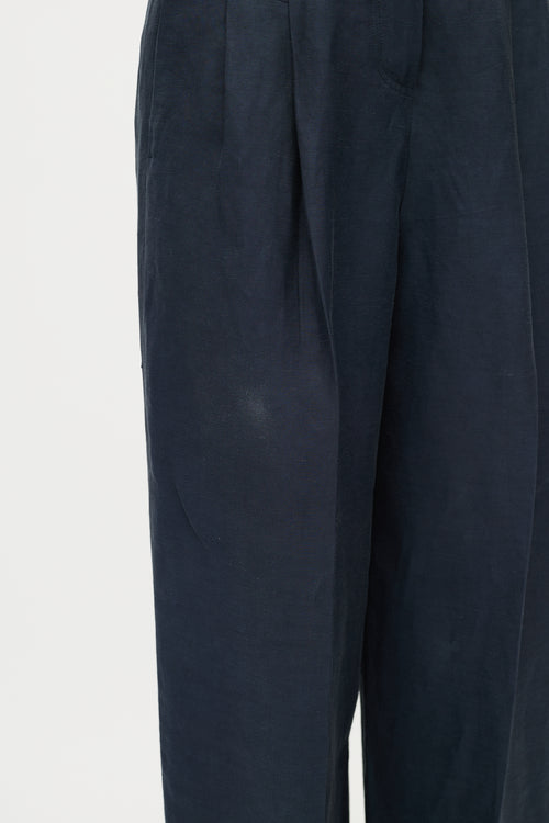 Celine Navy Linen Wide Leg High Waisted Trousers