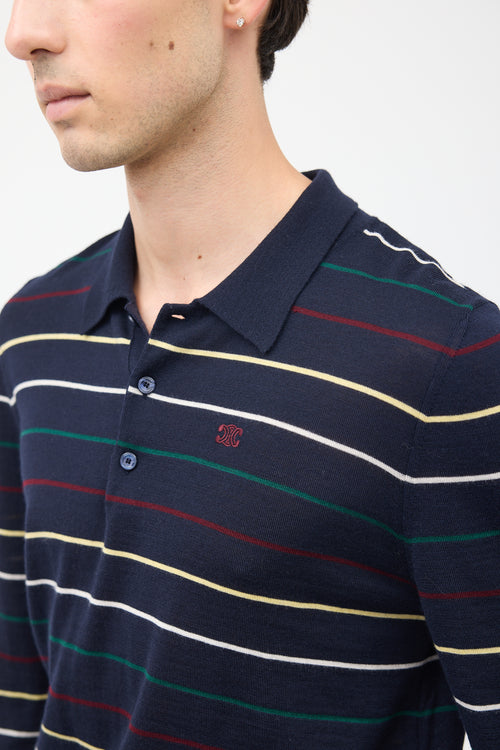 Celine Navy 
Multi Stripes Triomphe Polo Shirt