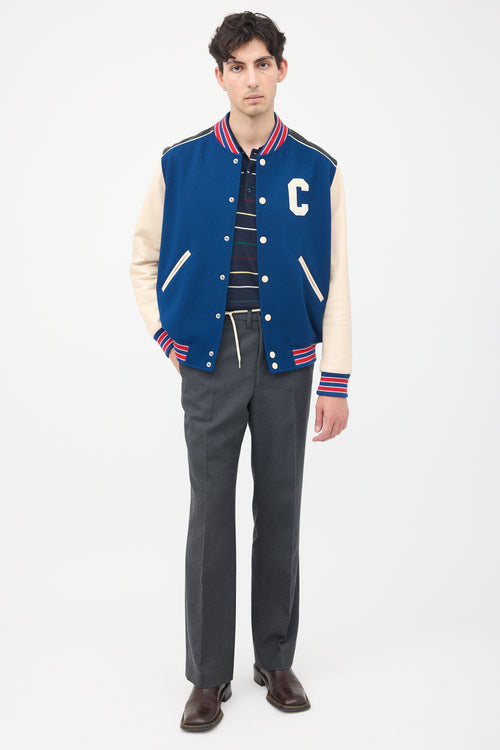 Celine Navy 
Multi Wool 
Leather Teddy Varsity Jacket